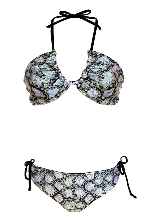 Bikini 4 Positions Réversible Cherie "Python Olive/Noir Solide"